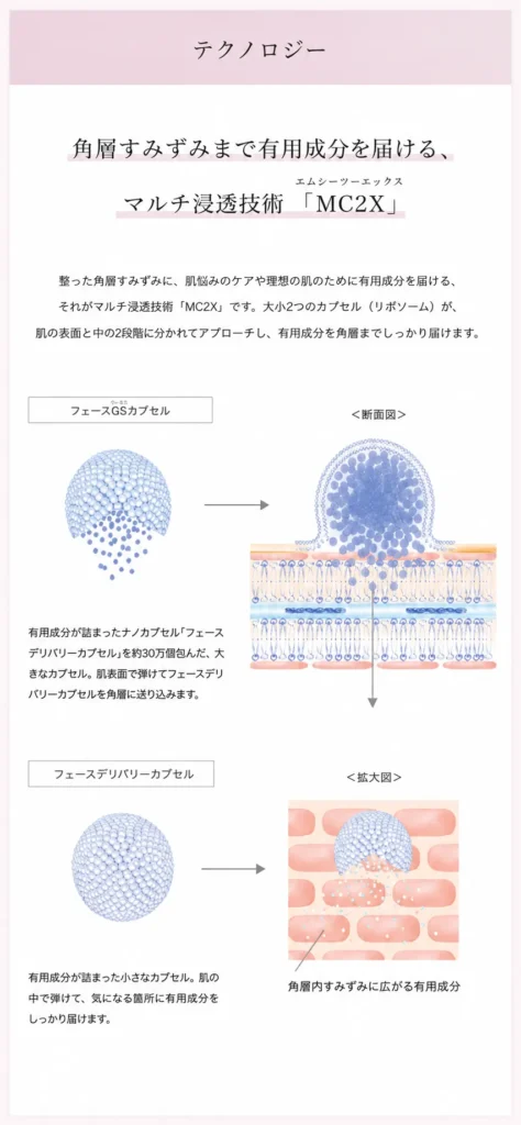 最新のマルチ浸透技術だから、お肌の奥にまで栄養が隅々と届く。
