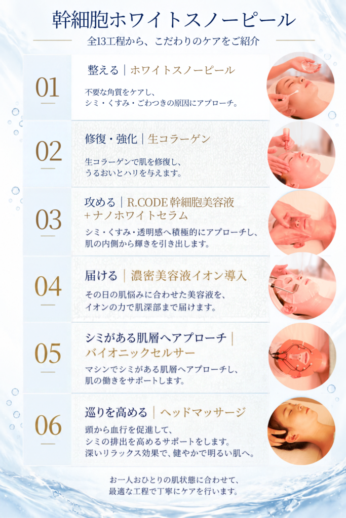 幹細胞ホワイトスノーピールのこだわり6工程。ピーリング、生コラーゲン、R.CODE幹細胞美容液・ナノホワイトセラム、イオン導入、バイオニックセルサー、ヘッドマッサージによるシミ・くすみケア